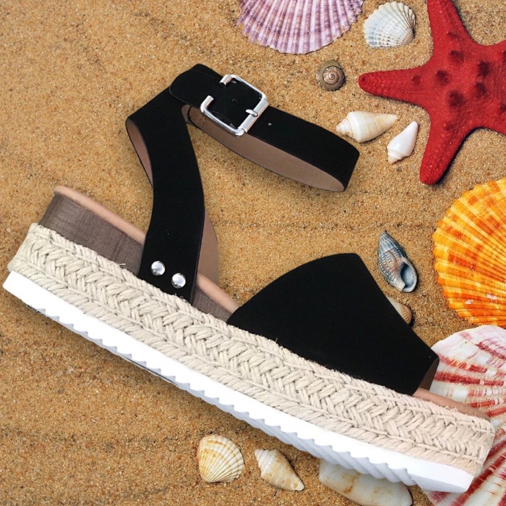 Hot! Soda Topic Black Espadrille Wedge Platform Sandal Nu Shuz Key West - Picture 8 of 9